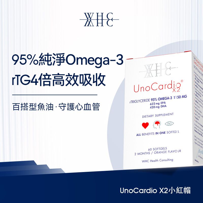 WHC UnoCardio X2 小紅帽 護心血管 穩情緒 純淨Omega-3 95％高純度魚油 60粒