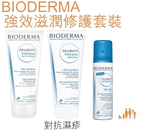 Bioderma 強效滋潤修護套裝 (強效滋潤修護霜200ml+ 強效滋潤潔膚啫喱200ml + Bioderma 強效滋潤急救噴霧 50ML)各1支